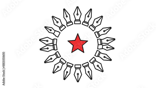 Red star surrounded by pencils in circular pattern in simple minimalist design with black and white color scheme for logo or emblem