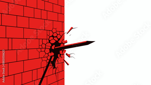 Arrow Breaking Through Red Brick Wall in Dramatic Motion with Bold Shadows on White Background for Editorial Use