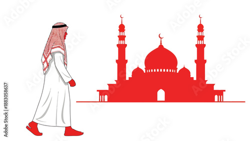 Muslim man in traditional attire walking towards mosque silhouette in red minimalist illustration for cultural awareness