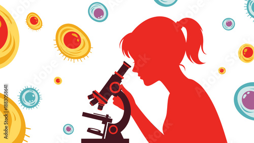 Young scientist examining microorganisms through microscope in red silhouette with colorful cells in soft white background for education