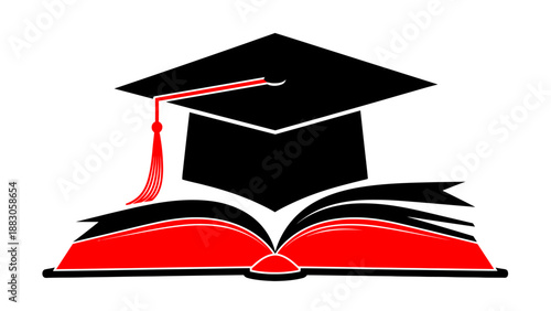 Graduation Cap on Open Book with Red Pages and Black Cover in Simple Flat Design for Education