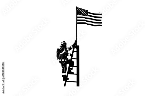 Firefighter raising american flag on ladder silhouette
