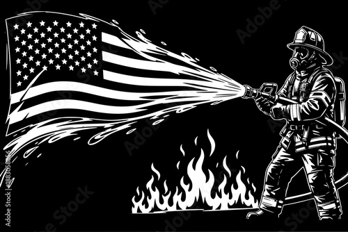 Firefighter extinguishing flames with american flag hose