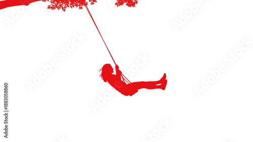 Man swinging on red rope silhouette against white background for adventure and freedom themes