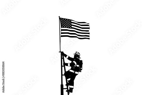 Firefighter raising american flag