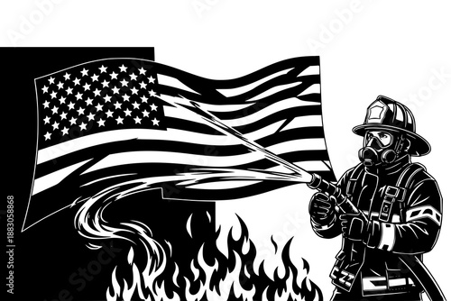 Firefighter battling flames with american flag hose