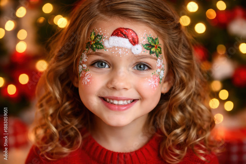 Happy child girl with christmas face painting in festive holiday portrait. beautiful smile on her face for season celebration while wearing cozy red sweater