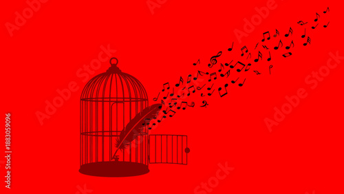 Birds flying out of cage in freedom minimalist illustration with bold red background for social justice