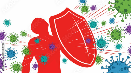 Human silhouette with shield protecting against colorful viruses in bold red color with dynamic motion effect for health and immunity
