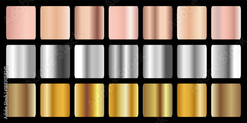 Collection of gold silver bronze and rose gold gradient texture background vector