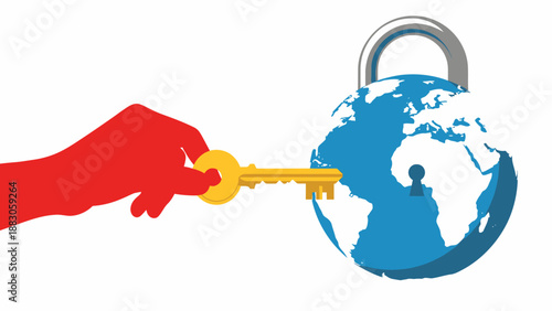 Global Security Unlocking with Key in Hand, Symbolizing Access and Control in Blue Tones for Cybersecurity