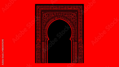 Ornate Moorish archway in dramatic red lighting with intricate details on isolated red background for cultural heritage