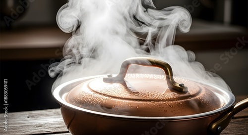 Steaming Pot with Lid on Wooden Table Hot Meal Preparation Cooking at Home