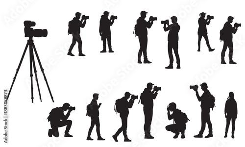 Photographer silhouette set: Cameramen with tripod and camera collection