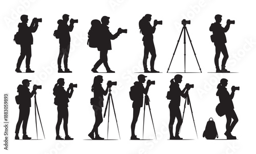 Photography profession vector: Reporter and cameraman character bundle on white