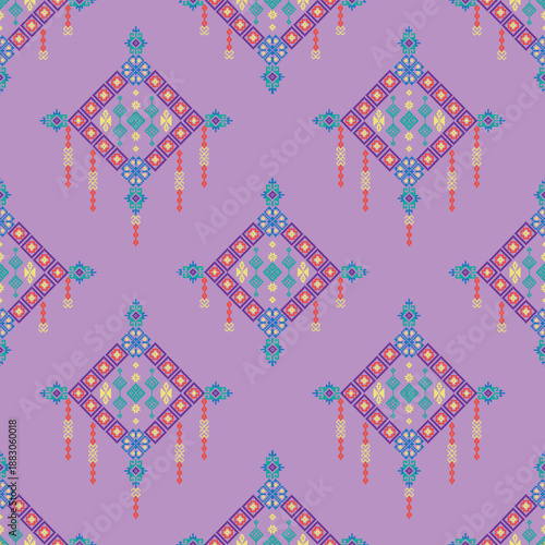 Purple and blue pixel ethnic boho seamless pattern. Traditional ornament. Cross-stitch tribal pattern. Traditional Ukrainian and Belarusian folk art knitted embroidery pattern.
