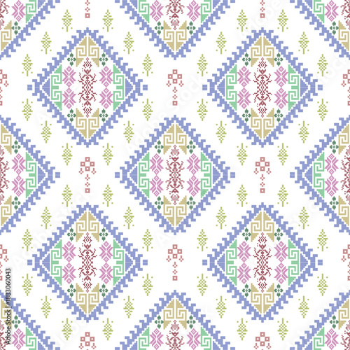 Seamless pattern with ethnic Aztec ornament. Vector illustration. Ukrainian and Belarusian folk art knitted embroidery pattern. Pixel pattern. Cross stitch pattern.