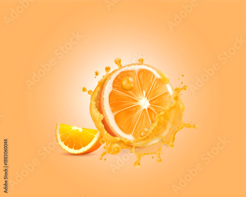 Juicy orange slices with splashing juice on vibrant background