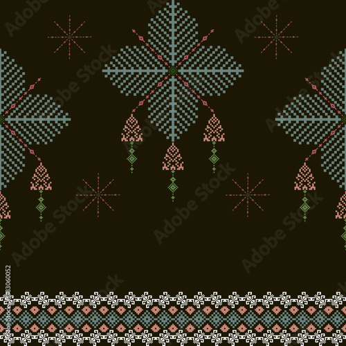 Cross-stitch ethnic boho seamless pattern. Traditional ornament. Pixel tribal pattern. Folk motif. Can be used for wallpaper, textiles, wrapping, and elaborate borders of fabric.