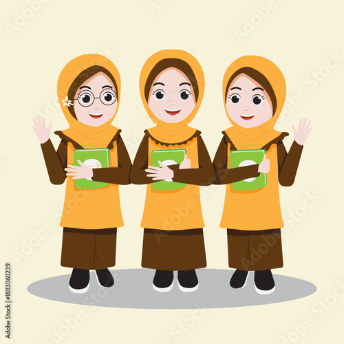 Three Islamic Boarding School Female Students Vector Illustration