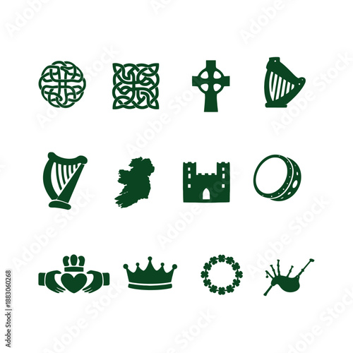 Irish Celtic Icons Vector Set Knot Cross Harp Ireland Castle Crown
