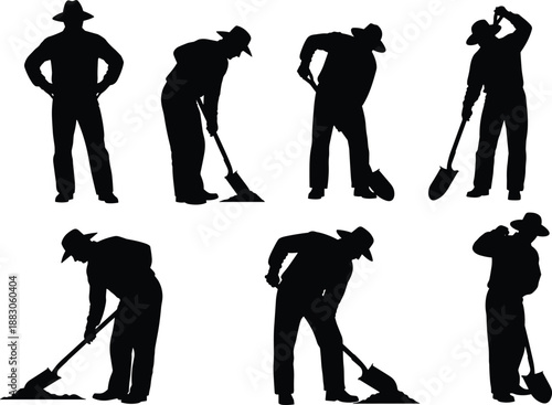 Construction worker silhouette set, laborer digging resting poses with shovel, manual work industry job concept, black minimal vector illustration