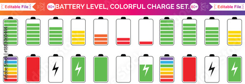 Battery icon set in black and colours. Colourful style vector icons. Battery charge indicator. Battery level, energy, full. Power low up status batteries logo. vector icons.