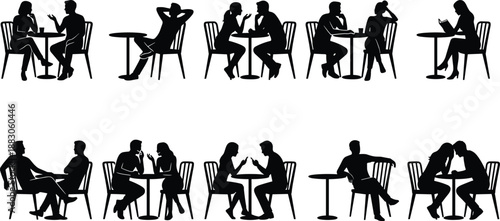 Couple sitting at cafe table silhouettes, romantic conversation dating scene, coffee shop meeting lifestyle illustration, people relationship moments vector