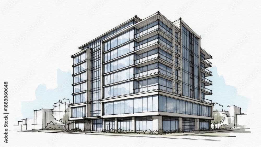 Fototapeta premium Modern Architectural Building Sketch with Glass Facade and Balconies