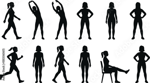 Female fitness silhouette pose collection, women walking stretching standing sitting exercises, body movement activities, healthy lifestyle concept, minimal black vector