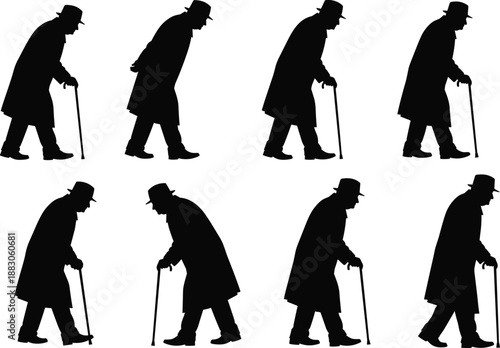Elderly man walking silhouette set, senior male with cane poses, aging concept, old gentleman movement, black vector illustration collection
