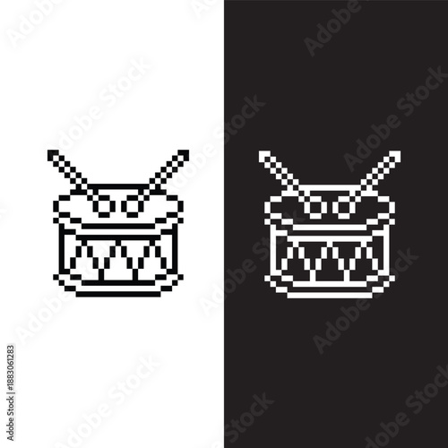 black and white pixel drum  8 bit vector icon art for computer game	