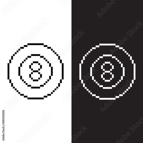 black and white pixel billiard ball 8 bit vector icon art for computer game	