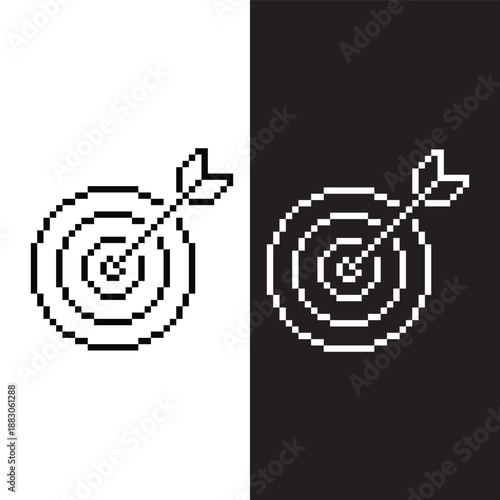 black and white pixel target and arrow 8 bit vector icon art for computer game