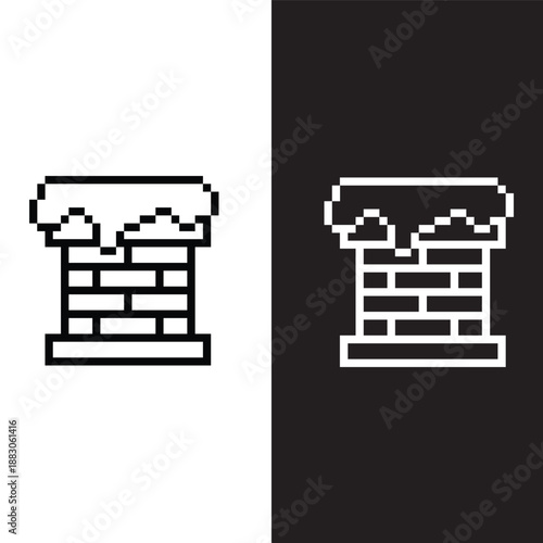 black and white pixel chimney with snow  8 bit vector icon art for computer game	