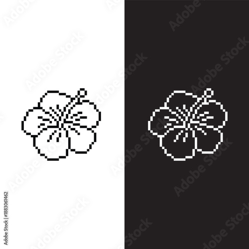 black and white pixel hibiscus flower  8 bit vector icon art for computer game