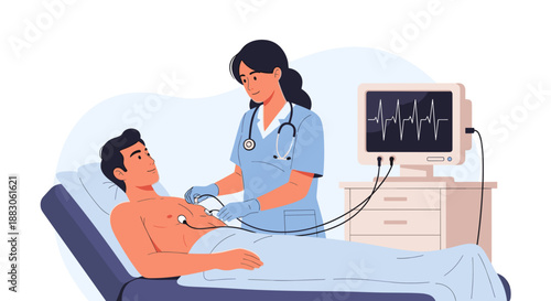 Nurse conducting an electrocardiogram (ECG) on patient for training materials in cardiology and healthcare education