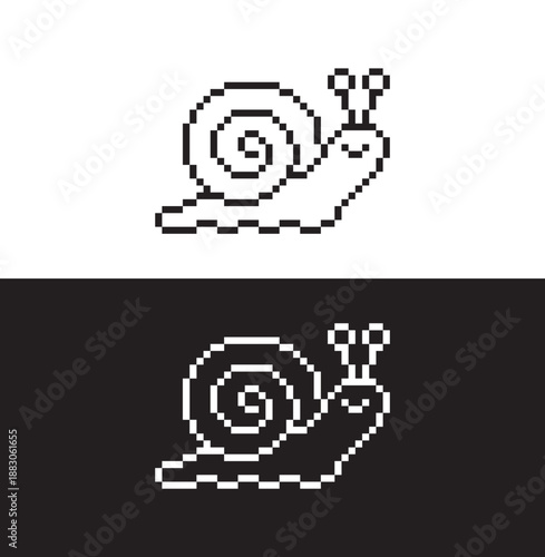 black and white pixel snail 8 bit vector icon art for computer game	