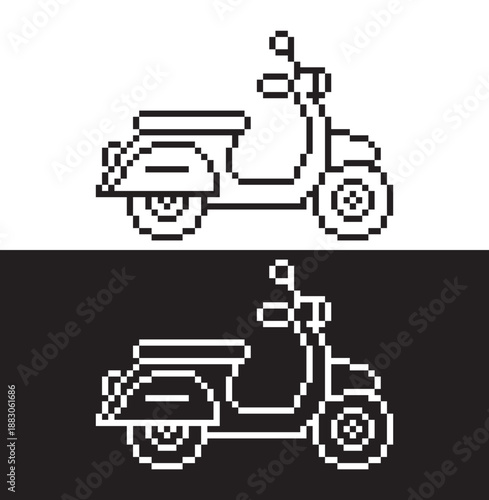 black and white pixel scooter  8 bit vector icon art for computer game	