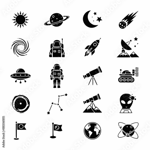 Comprehensive space exploration vector icon set featuring rockets, astronauts, planets, telescopes, and celestial bodies in a clean black silhouette style for astronomy designs.