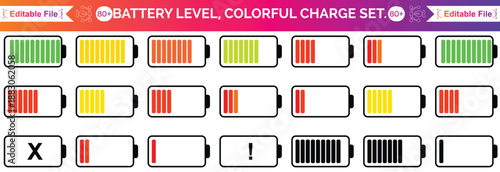 Battery icon set in black and colours. Colourful style vector icons. Battery charge indicator. Battery level, energy, full. Power low up status batteries logo. vector icons.