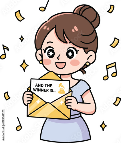 Delighted cartoon woman joyfully celebrates a grand triumph, clutching an envelope announcing her as the esteemed winner of a glittering golden entertainment award