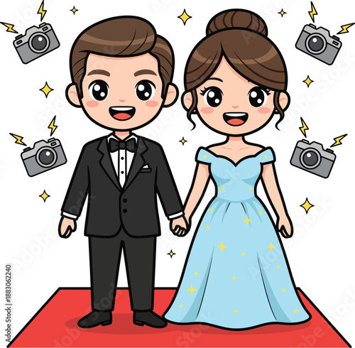 Adorable animated couple, dressed elegantly for a special event, making a glamorous entrance on the red carpet while surrounded by the excitement of camera flashes