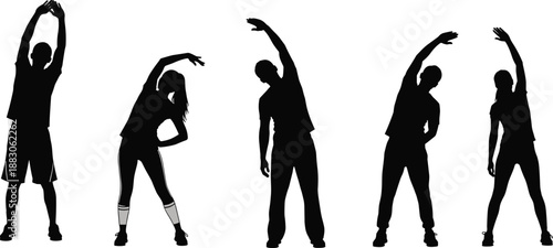 Fitness stretching silhouettes group performing warm up exercises, yoga flexibility training poses, healthy lifestyle workout routine isolated people concept