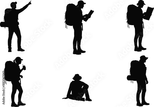 Hiker backpacker silhouette set, traveler reading map pointing direction resting poses, outdoor adventure trekking lifestyle concept, black minimal vector illustration