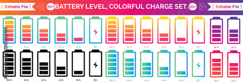 Battery level indicators icon set. Battery charge level indicators showing full to empty states. Power and Charging Status Symbols. Line and solid icon set. Vector illustration.