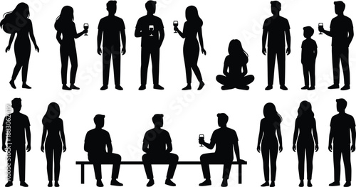 Human silhouette collection showing people standing sitting drinking wine social interaction lifestyle activities black figures isolated white background vector set