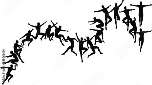 Jumping people silhouette composition, dynamic airborne poses sequence, black human figures motion, energetic action scene, isolated white background vector illustration