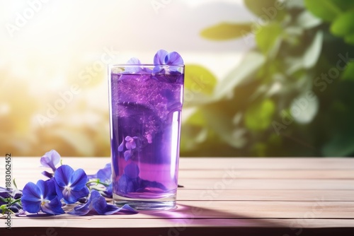 Vibrant purple butterfly pea flower drink with ice and fresh flowers on a wooden table © nsit0108
