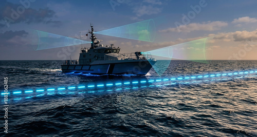Coastal patrol vessel equipped with multiple green radar scanning beams for real-time maritime security and situational awareness.